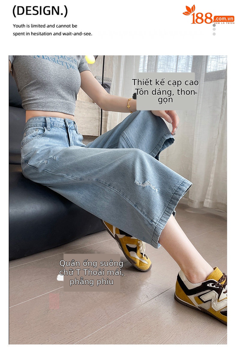 Quần jean nữ ống rộng cạp cao, dáng suông rách gối, chất vải denim mỏng mùa hè — Xanh nhạt 7 phút chi tiết 6