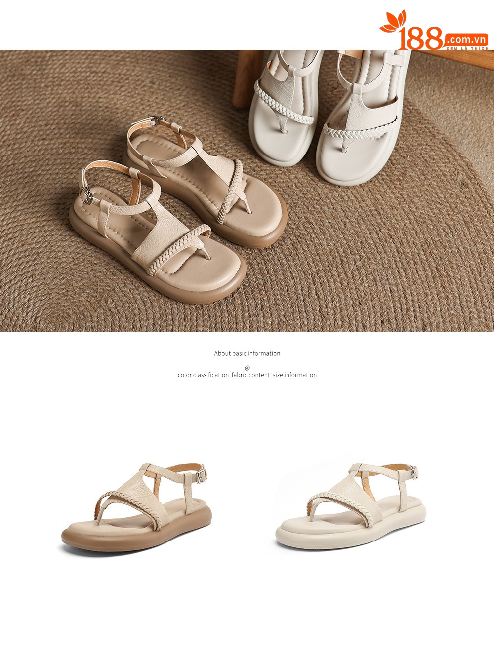 Sandal nữ quai chữ V đế bệt phong cách đi biển — màu trắng ngà chi tiết 4