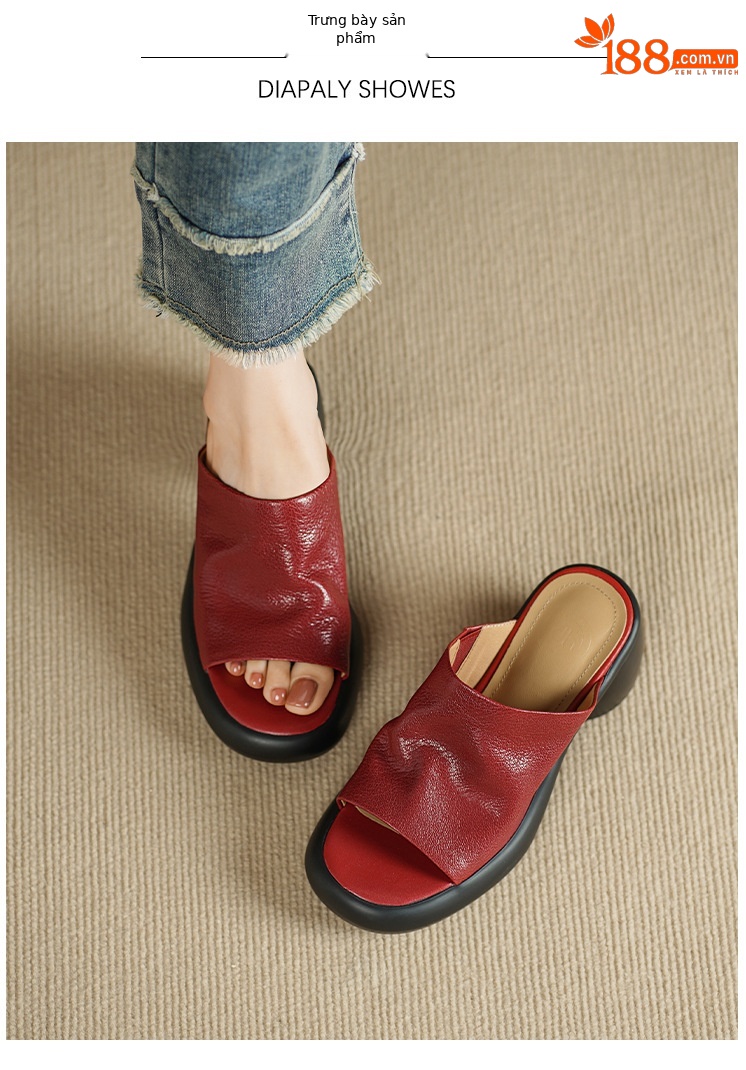 Sandal cao gót nữ hở mũi quai ngang da dê thật, gót 7 cm — đen chi tiết 4