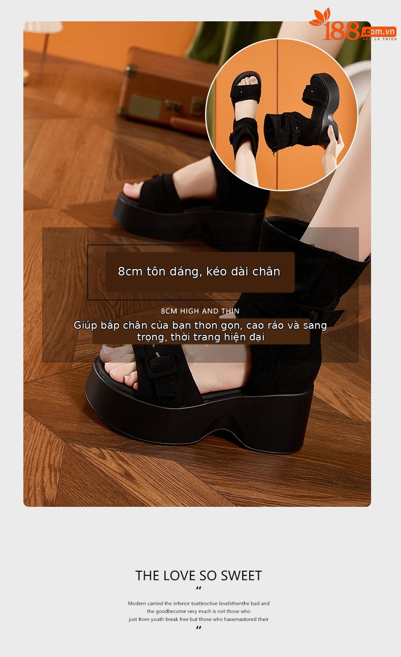 Dép sandal nữ quai chữ V đế xuồng cao 8 cm, mũi tròn, phong cách hè 2026 — Đen, Xanh dương chi tiết 9