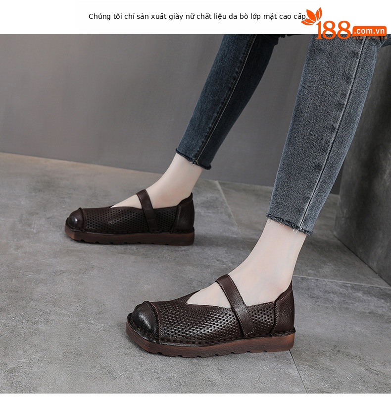 Giày Mary Jane nữ da bò thật phong cách cổ điển, đế bệt, mũi kín, thoáng khí — màu nâu chi tiết 2