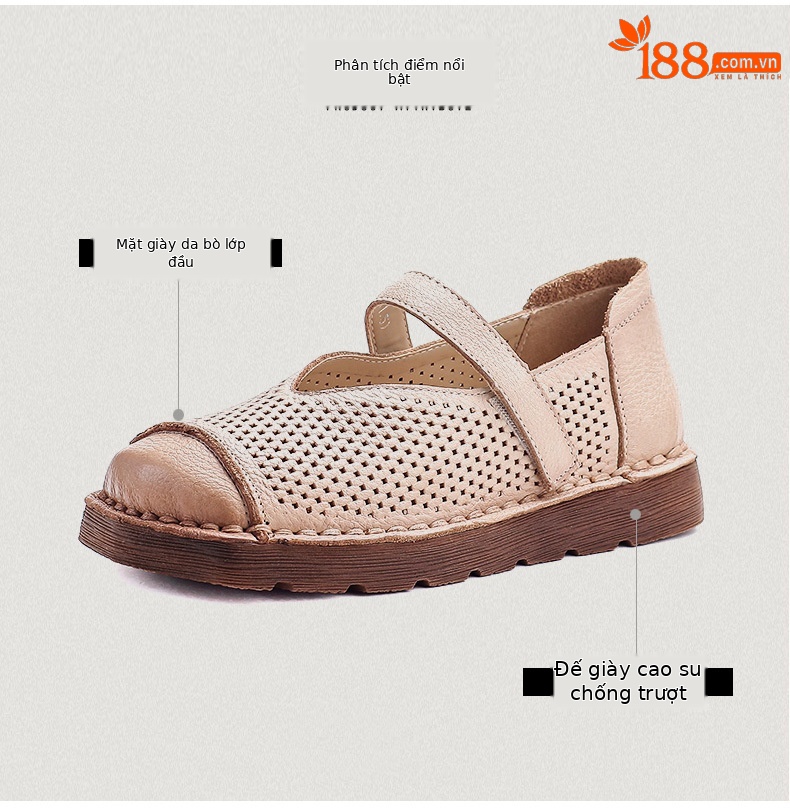 Giày Mary Jane nữ da bò thật phong cách cổ điển, đế bệt, mũi kín, thoáng khí — màu nâu chi tiết 3