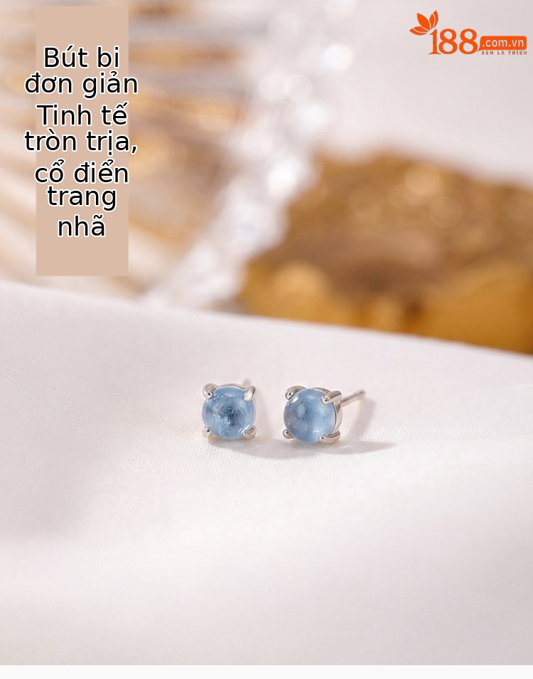 Bông tai nữ bạc S925 đính đá aquamarine hình tròn phong cách tối giản — Một đôi chi tiết 1