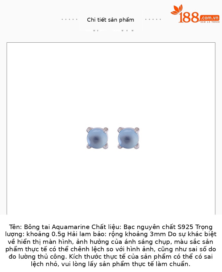 Bông tai nữ bạc S925 đính đá aquamarine hình tròn phong cách tối giản — Một đôi chi tiết 2