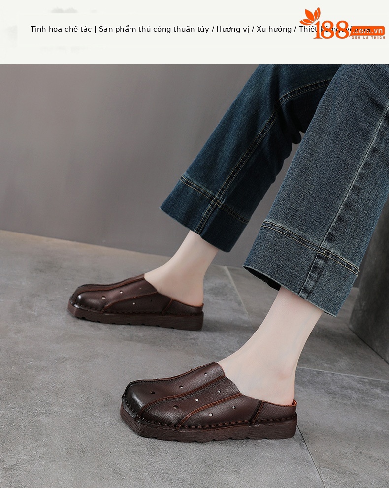 Dép sandal nữ bít mũi đế bệt da mềm phong cách cổ điển — màu nâu chi tiết 1