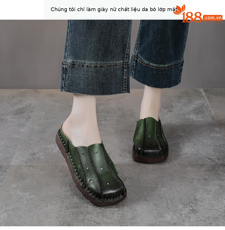 Dép sandal nữ bít mũi đế bệt da mềm phong cách cổ điển — màu nâu chi tiết 2