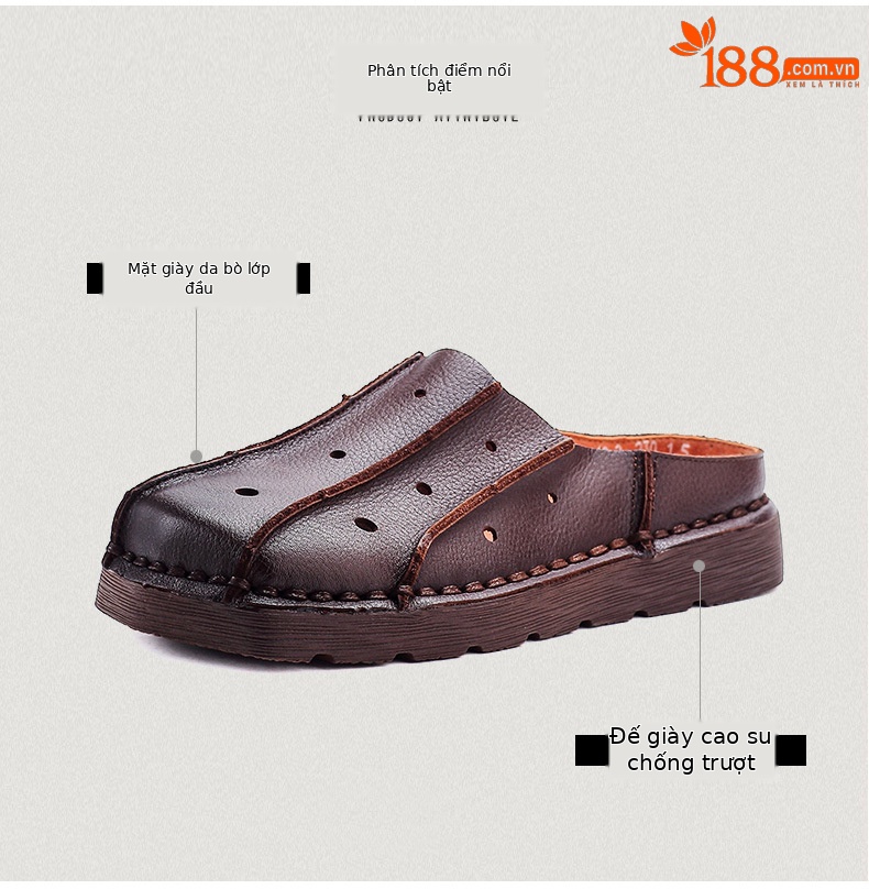 Dép sandal nữ bít mũi đế bệt da mềm phong cách cổ điển — màu nâu chi tiết 3