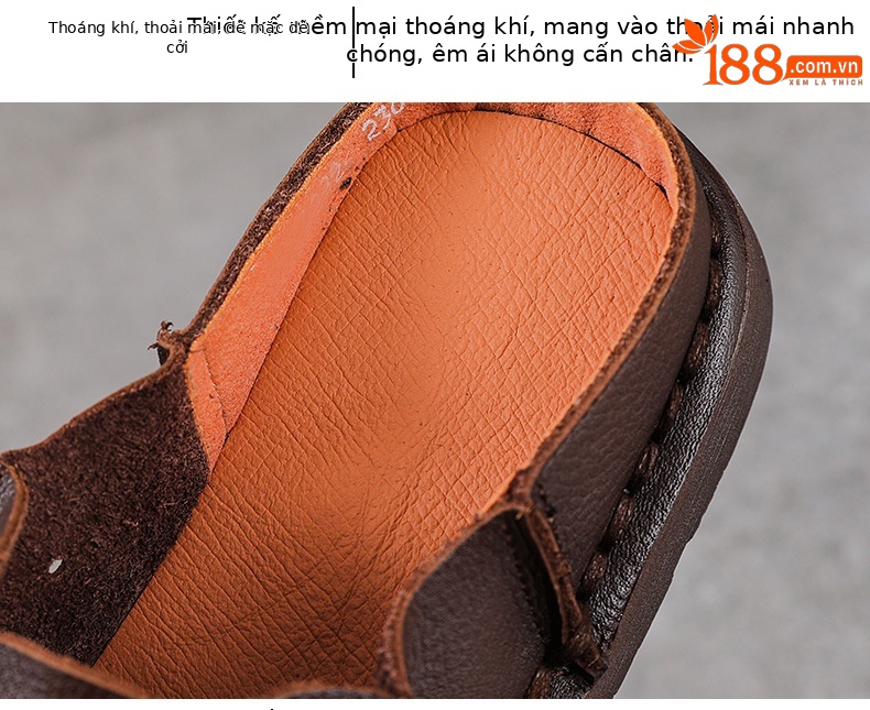 Dép sandal nữ bít mũi đế bệt da mềm phong cách cổ điển — màu nâu chi tiết 6