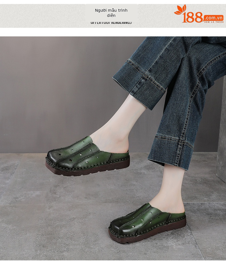 Dép sandal nữ bít mũi đế bệt da mềm phong cách cổ điển — màu nâu chi tiết 9