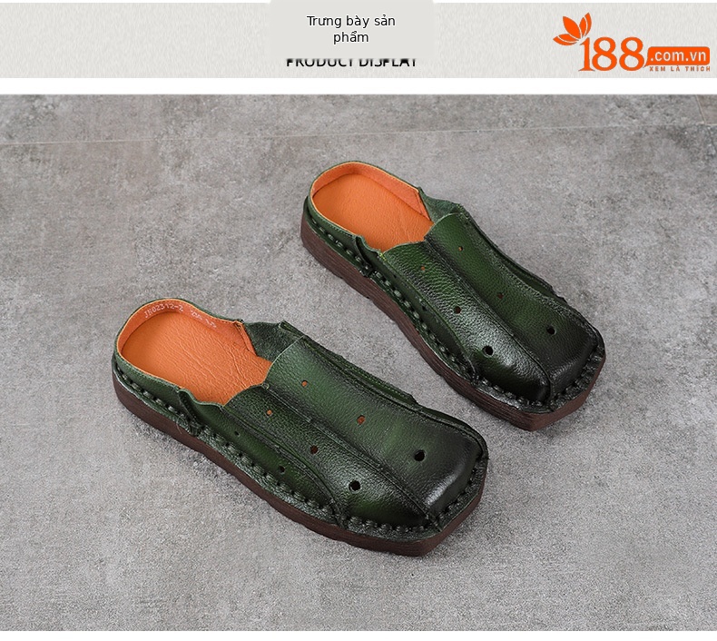Dép sandal nữ bít mũi đế bệt da mềm phong cách cổ điển — màu nâu chi tiết 10
