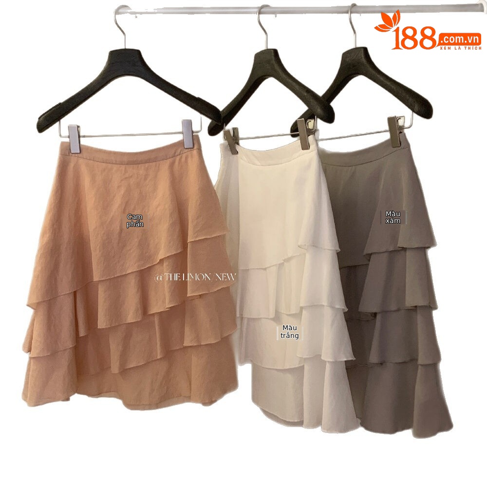 Chân váy midi xếp ly tầng bất đối xứng chất liệu Tencel — màu trắng, Bột cam, màu xám