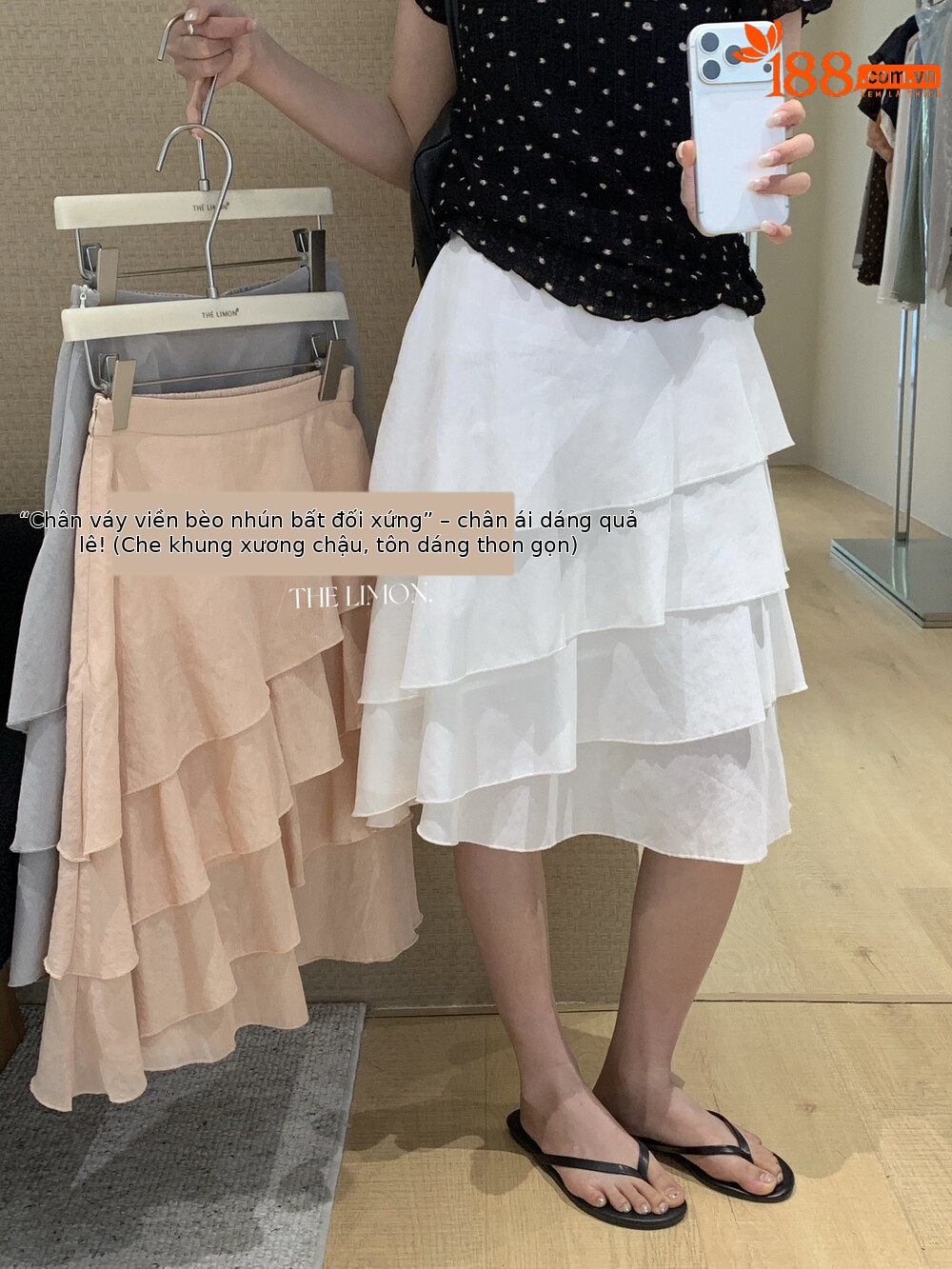 Chân váy midi xếp ly tầng bất đối xứng chất liệu Tencel — màu trắng, Bột cam, màu xám chi tiết 31