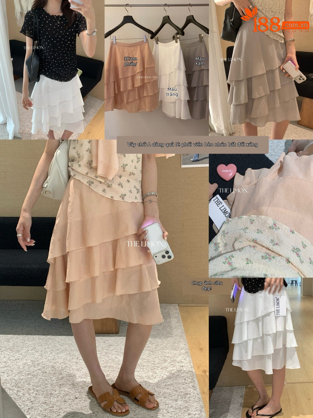 Chân váy midi xếp ly tầng bất đối xứng chất liệu Tencel — màu trắng, Bột cam, màu xám chi tiết 8