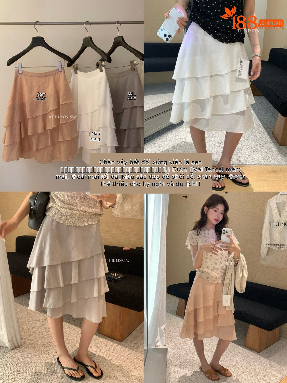 Chân váy midi xếp ly tầng bất đối xứng chất liệu Tencel — màu trắng, Bột cam, màu xám chi tiết 27