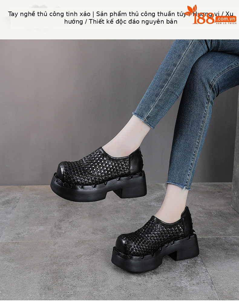 Giày sneaker nữ đế dày da bò lỗ thoáng khí phong cách retro — màu be chi tiết 1