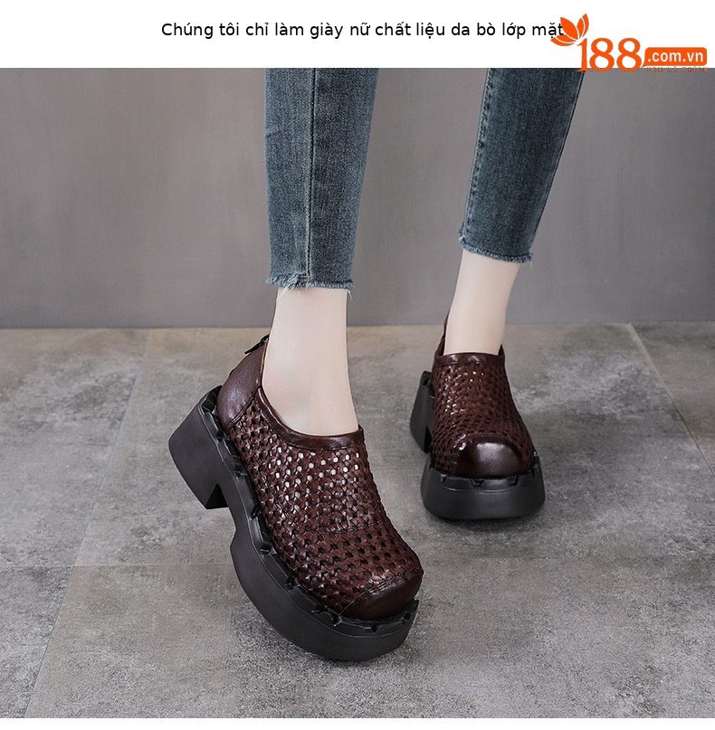 Giày sneaker nữ đế dày da bò lỗ thoáng khí phong cách retro — màu be chi tiết 2