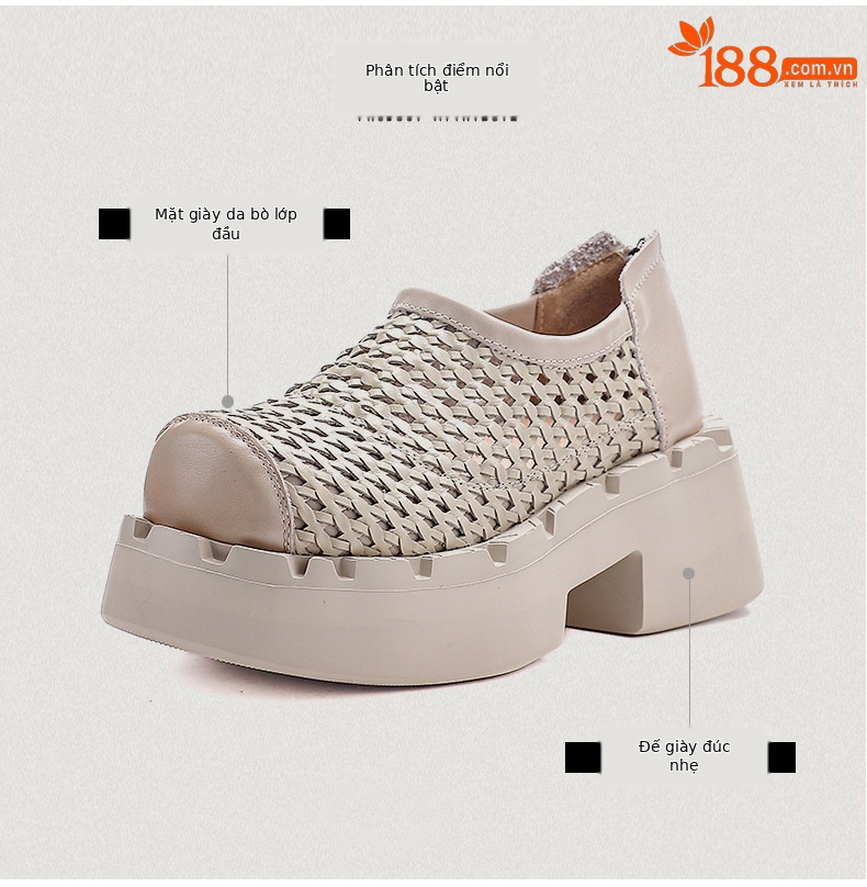 Giày sneaker nữ đế dày da bò lỗ thoáng khí phong cách retro — màu be chi tiết 3