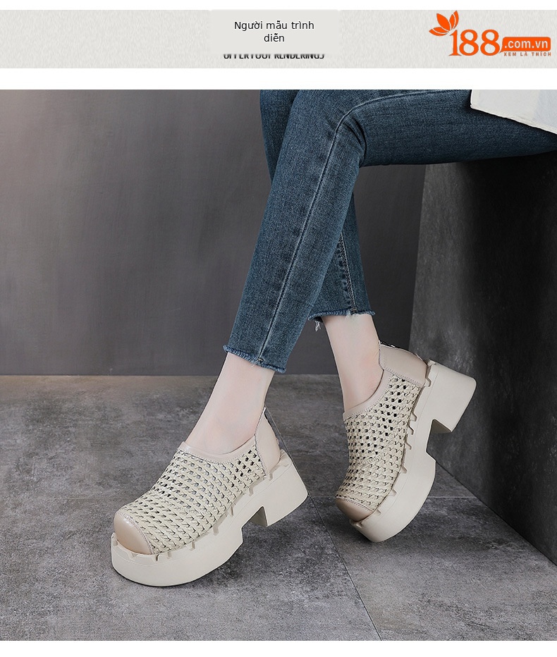 Giày sneaker nữ đế dày da bò lỗ thoáng khí phong cách retro — màu be chi tiết 9