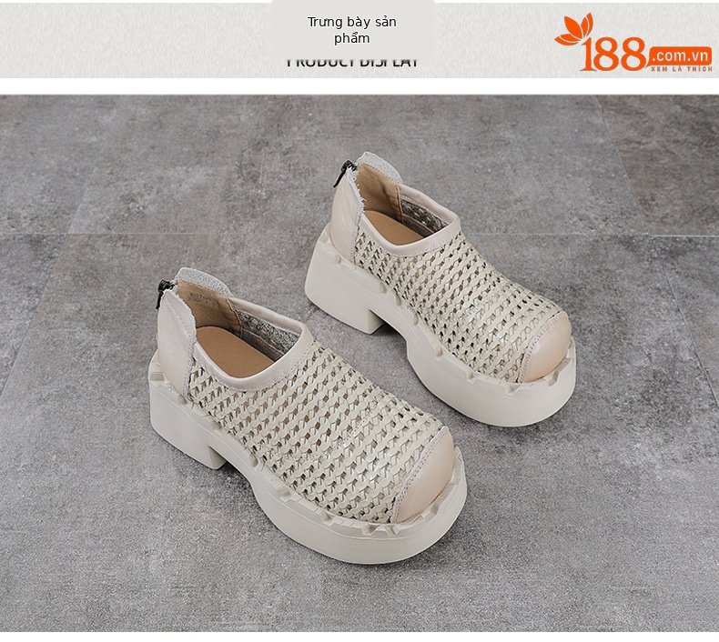 Giày sneaker nữ đế dày da bò lỗ thoáng khí phong cách retro — màu be chi tiết 10