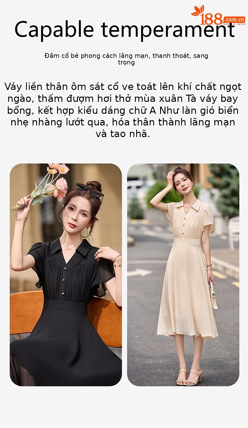 Đầm suông midi tay ngắn eo thắt dây che bụng cho nữ size lớn — màu đen, màu sắc chi tiết 2