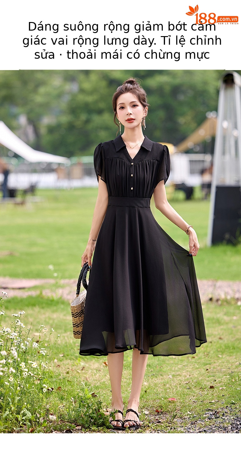 Đầm suông midi tay ngắn eo thắt dây che bụng cho nữ size lớn — màu đen, màu sắc chi tiết 4