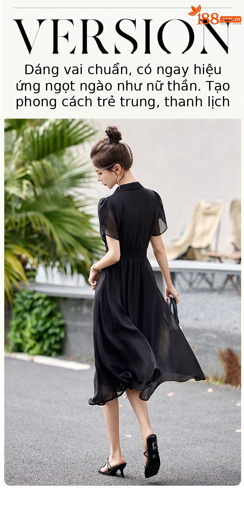 Đầm suông midi tay ngắn eo thắt dây che bụng cho nữ size lớn — màu đen, màu sắc chi tiết 8