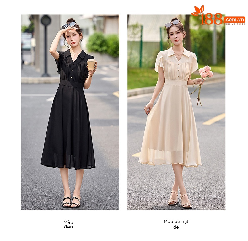 Đầm suông midi tay ngắn eo thắt dây che bụng cho nữ size lớn — màu đen, màu sắc chi tiết 11