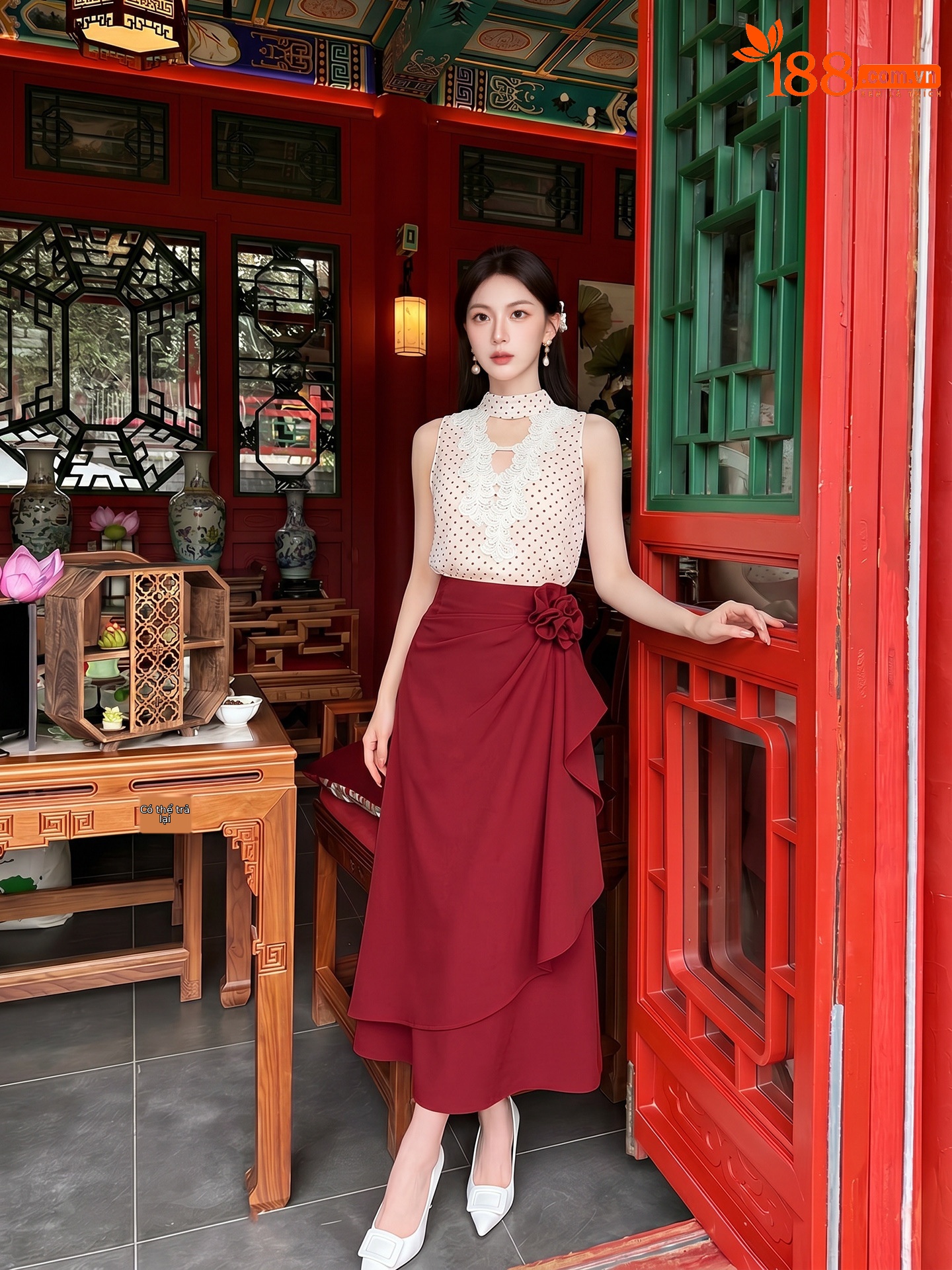 Bộ áo vest và chân váy ngắn họa tiết chấm bi phong cách tân cổ điển mùa hè — Trang phục [Vest+Half Dress], nửa váy, Trang phục [Áo vest+quần short], quần đùi