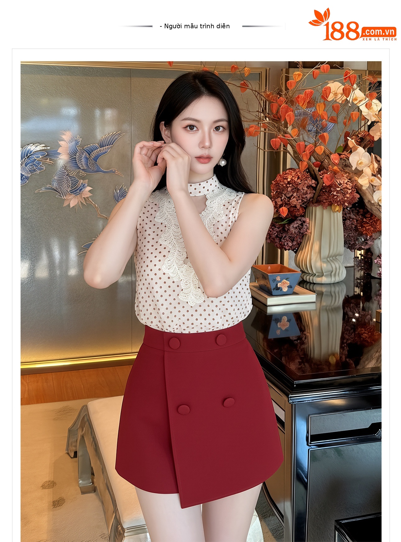 Bộ áo vest và chân váy ngắn họa tiết chấm bi phong cách tân cổ điển mùa hè — Trang phục [Vest+Half Dress], nửa váy, Trang phục [Áo vest+quần short], quần đùi chi tiết 1