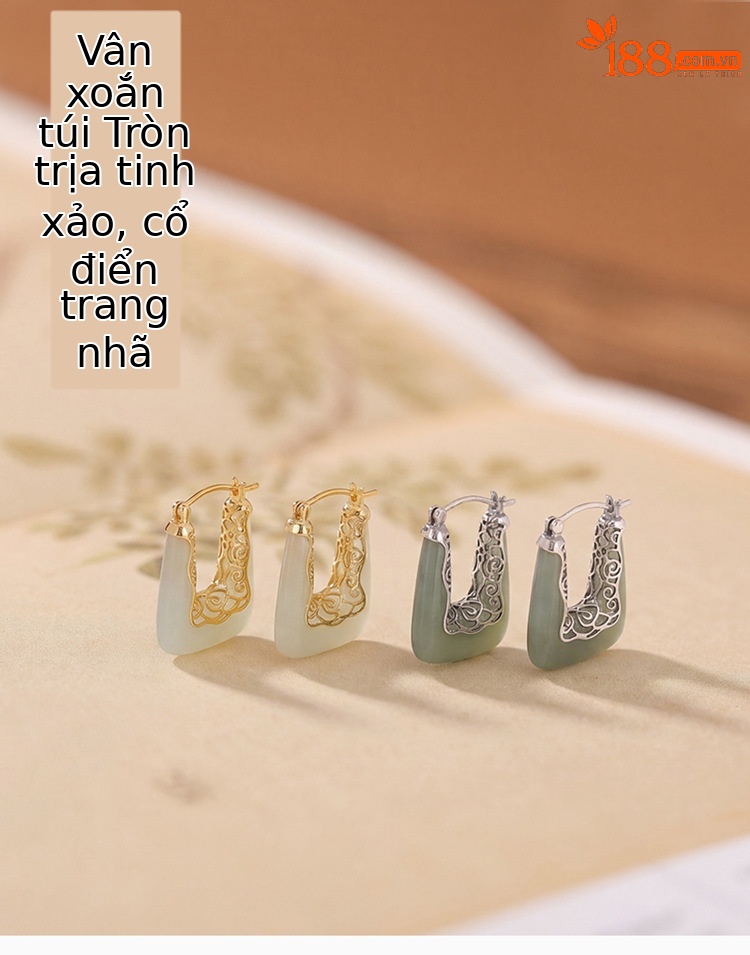 Khuyên tai nữ bạc S925 mạ vàng hình học cuộn cỏ — Vàng và ngọc bích Wada chi tiết 1
