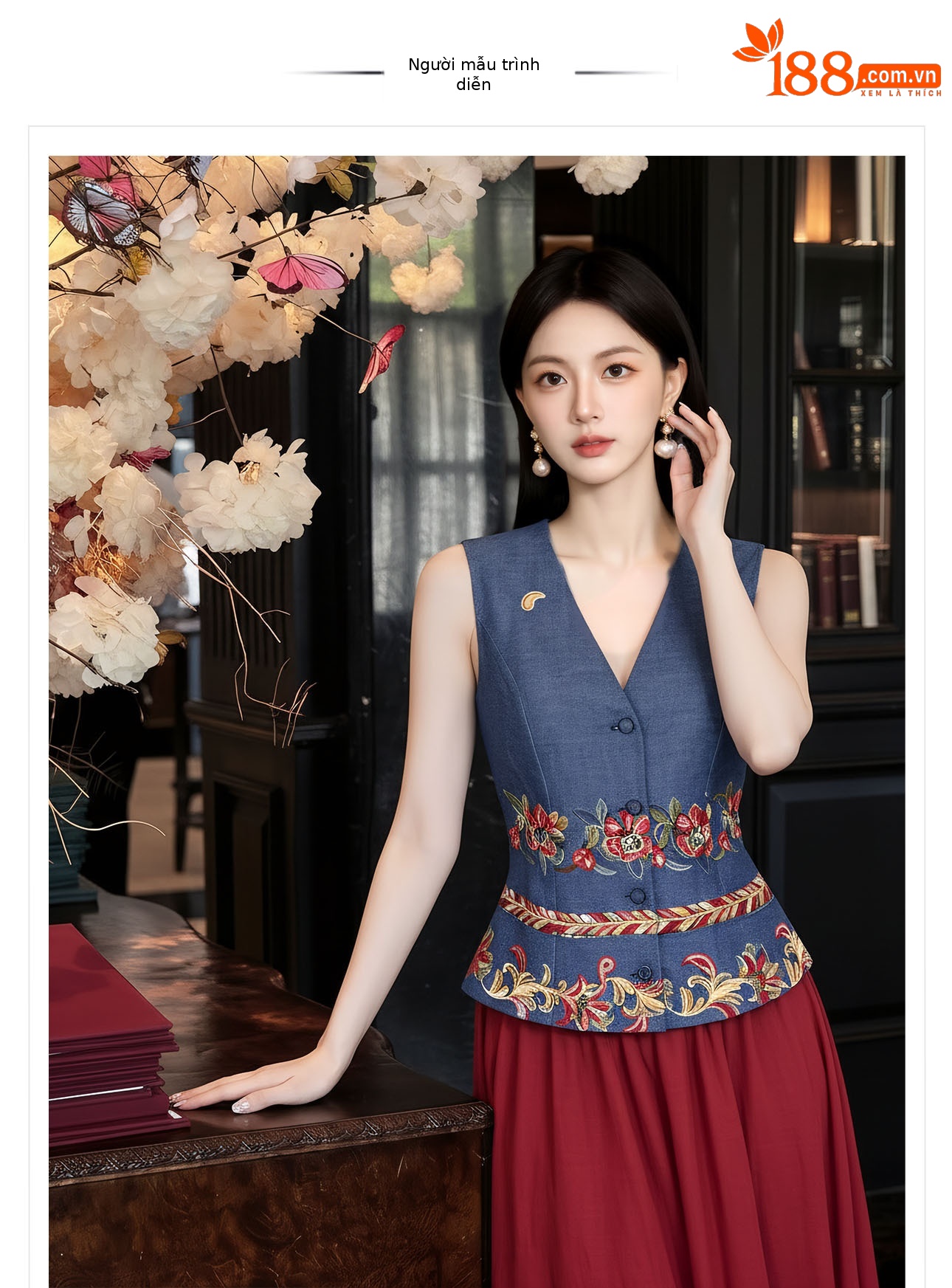 Bộ áo gile không tay và chân váy đỏ thêu hoa tân cổ điển — bộ đồ, nửa váy, Trang chủ chi tiết 1