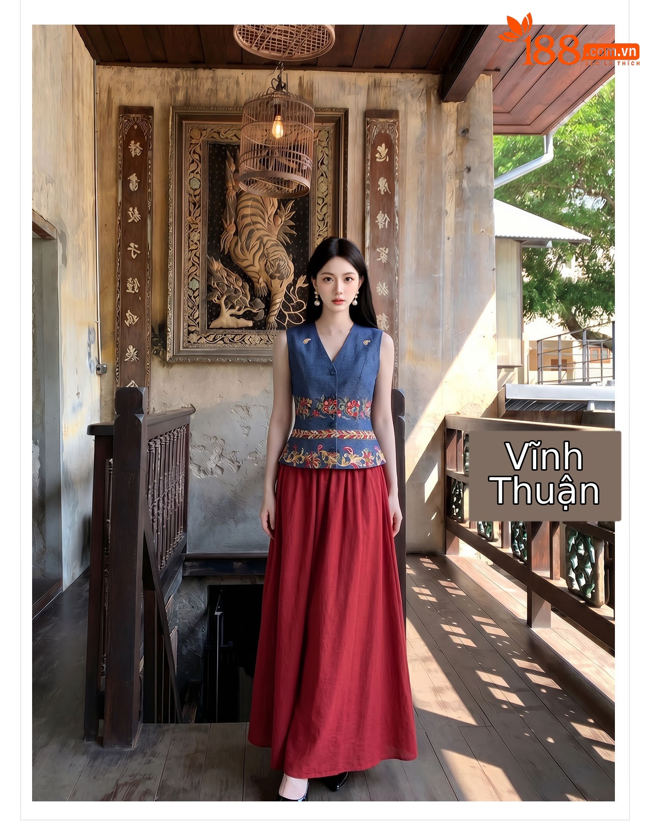 Bộ áo gile không tay và chân váy đỏ thêu hoa tân cổ điển — bộ đồ, nửa váy, Trang chủ chi tiết 12