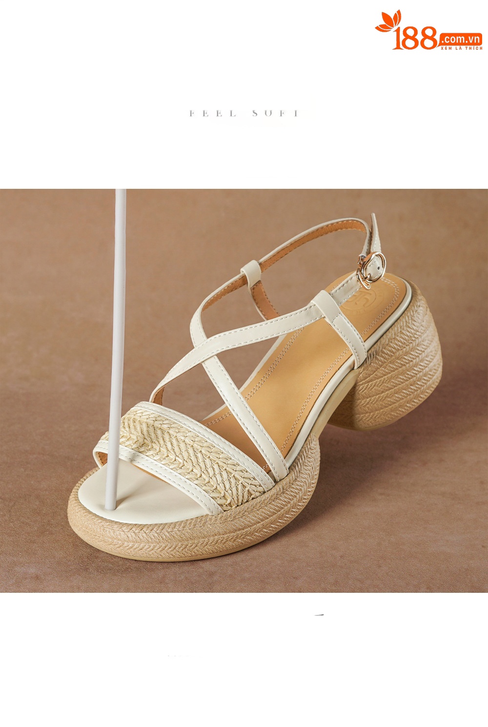 Sandal cao gót nữ mũi hở quai chéo khóa ngang gót dày — Màu nâu nhạt chi tiết 1