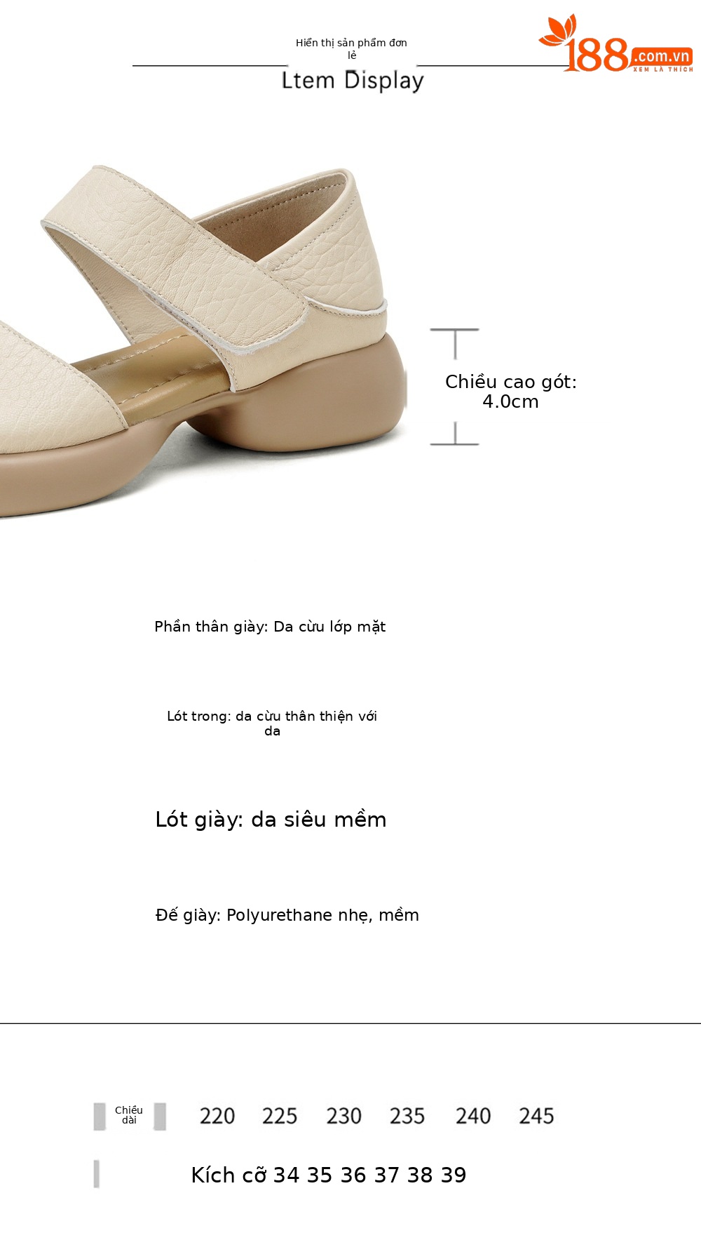 Sandal nữ hở mũi gót vuông 4 cm quai ngang đế dày chất liệu da dê — đen chi tiết 3