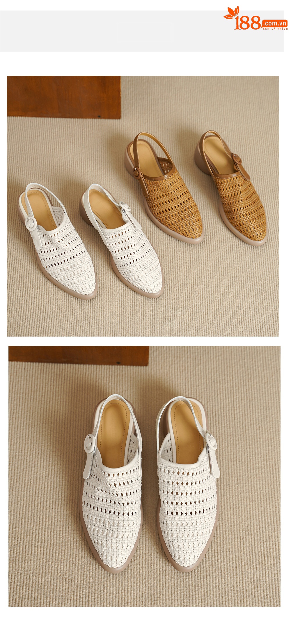 Sandal cao gót nữ mũi nhọn quai chữ T đan dây, gót thô 5 cm — Màu vàng đất chi tiết 11