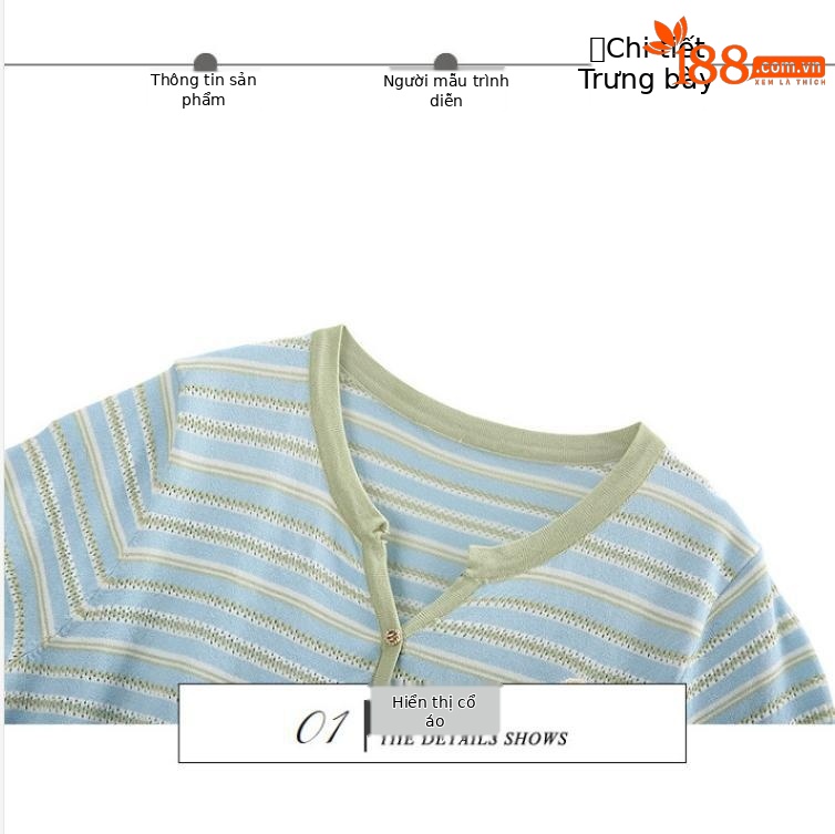 Áo cardigan nữ cổ V sọc kẻ ngang tay ngắn cài nút mỏng nhẹ mùa hè — xanh lam, xanh lá cây chi tiết 4