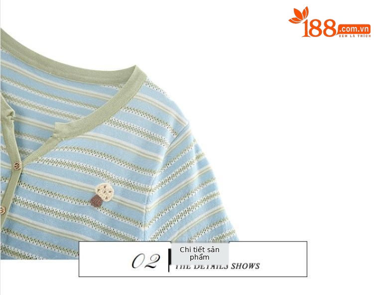 Áo cardigan nữ cổ V sọc kẻ ngang tay ngắn cài nút mỏng nhẹ mùa hè — xanh lam, xanh lá cây chi tiết 5