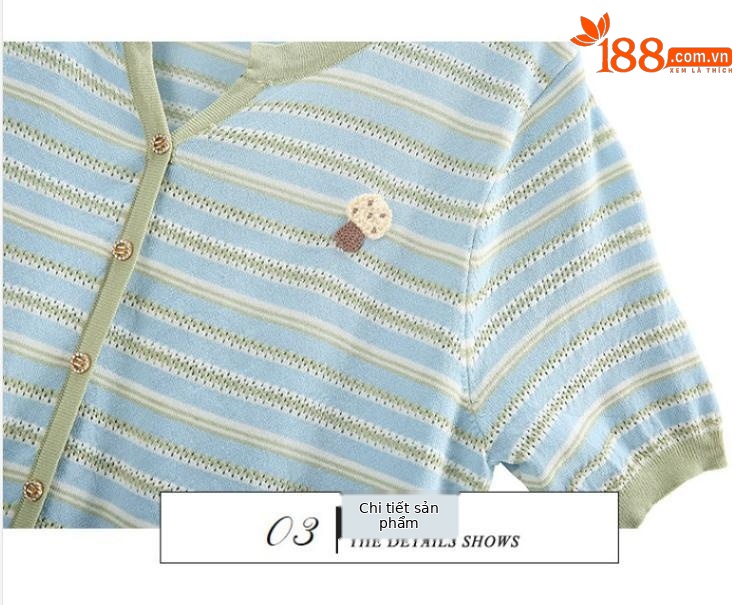 Áo cardigan nữ cổ V sọc kẻ ngang tay ngắn cài nút mỏng nhẹ mùa hè — xanh lam, xanh lá cây chi tiết 6