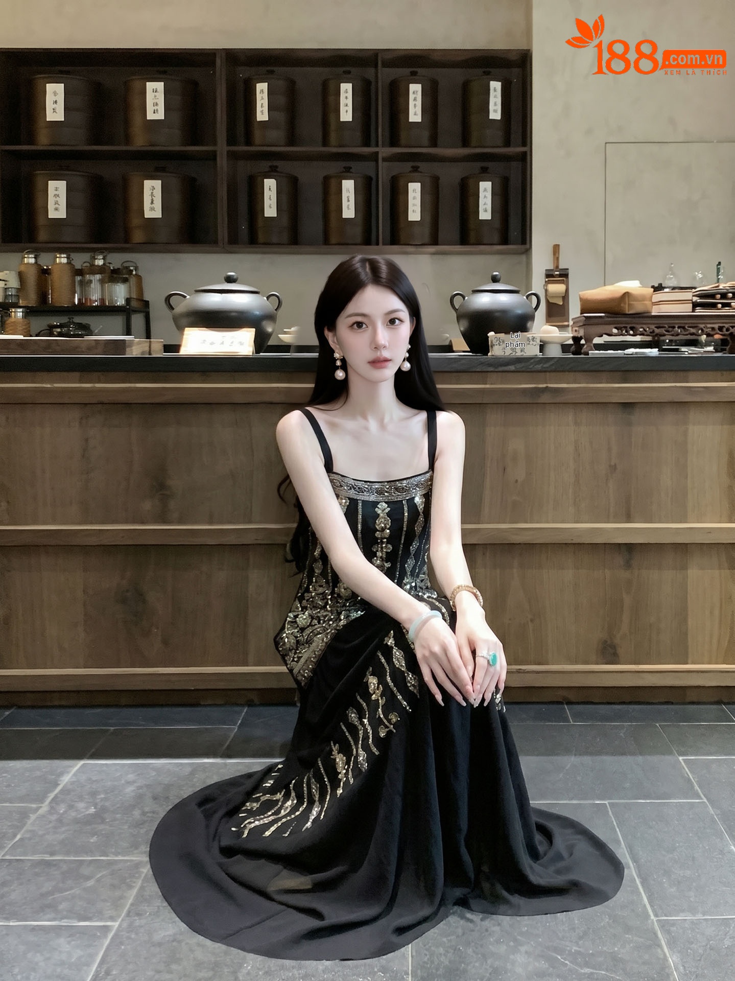 Đầm maxi nữ thắt eo phong cách tân cổ điển đính kết cườm thêu hoa — màu đen