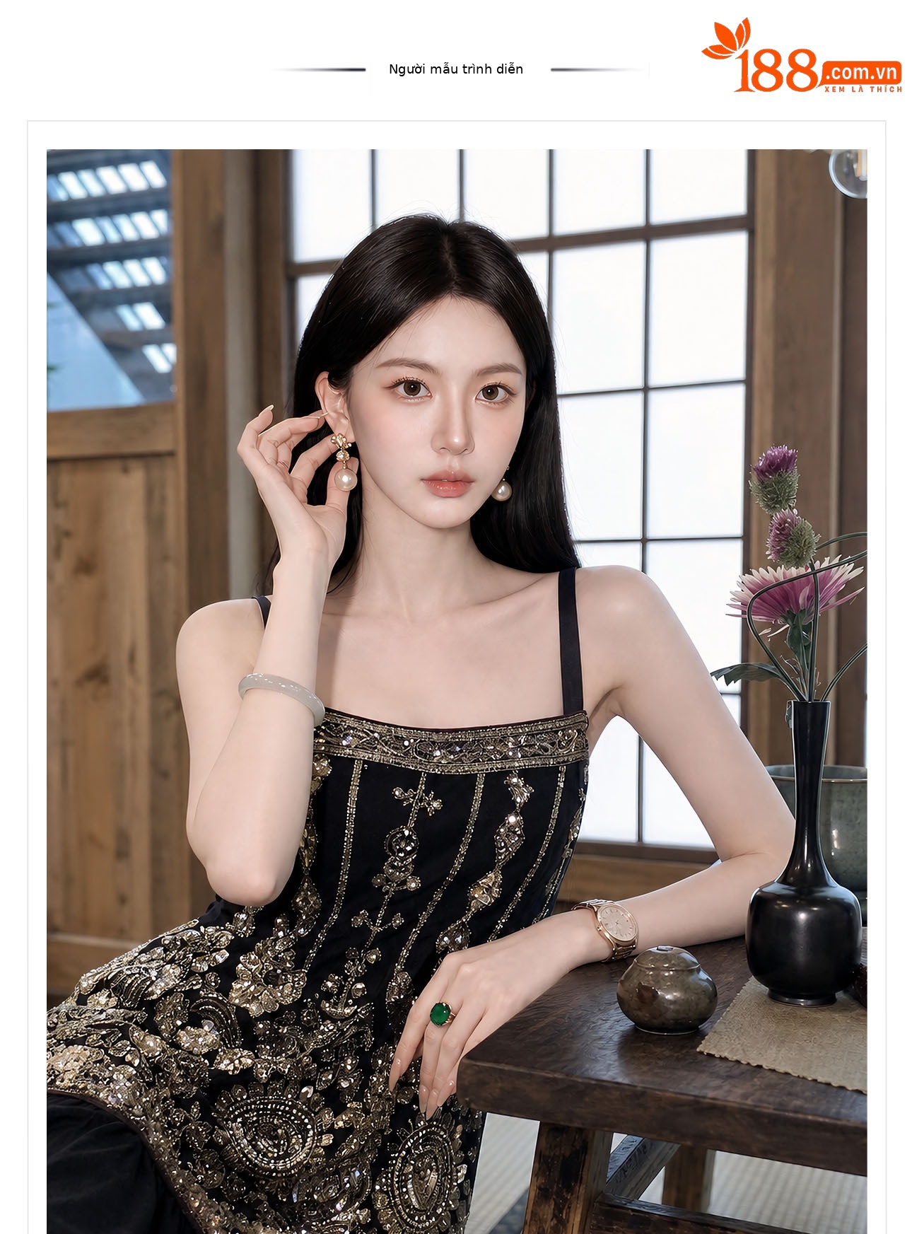 Đầm maxi nữ thắt eo phong cách tân cổ điển đính kết cườm thêu hoa — màu đen chi tiết 1