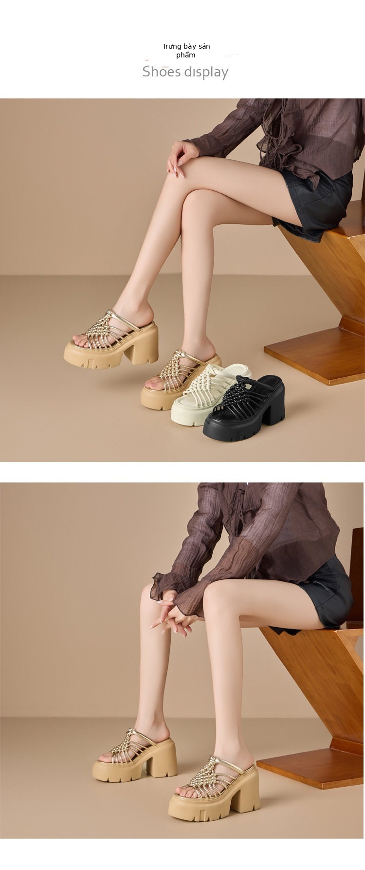 Dép sandal nữ xỏ ngón đế bệt dệt mùa hè thoáng khí — [Trắng kem], [Đen], [Vàng nhạt] chi tiết 2