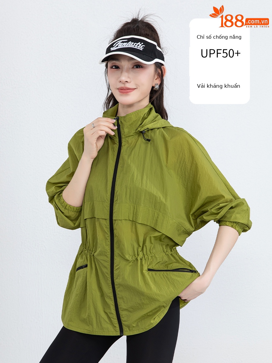 Áo chống nắng nữ dáng dài có mũ, chất liệu nylon mỏng nhẹ thoáng khí — Màu xanh lá cây