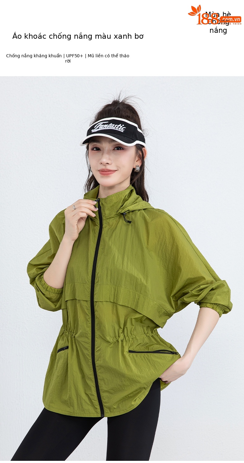 Áo chống nắng nữ dáng dài có mũ, chất liệu nylon mỏng nhẹ thoáng khí — Màu xanh lá cây chi tiết 1