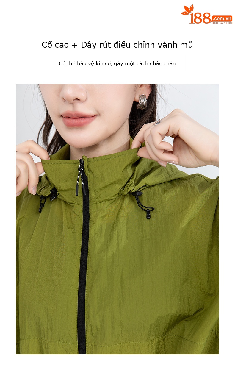 Áo chống nắng nữ dáng dài có mũ, chất liệu nylon mỏng nhẹ thoáng khí — Màu xanh lá cây chi tiết 7