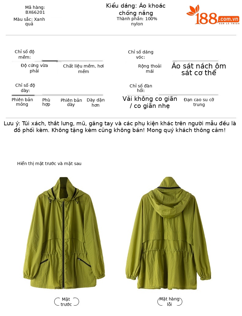 Áo chống nắng nữ dáng dài có mũ, chất liệu nylon mỏng nhẹ thoáng khí — Màu xanh lá cây chi tiết 9