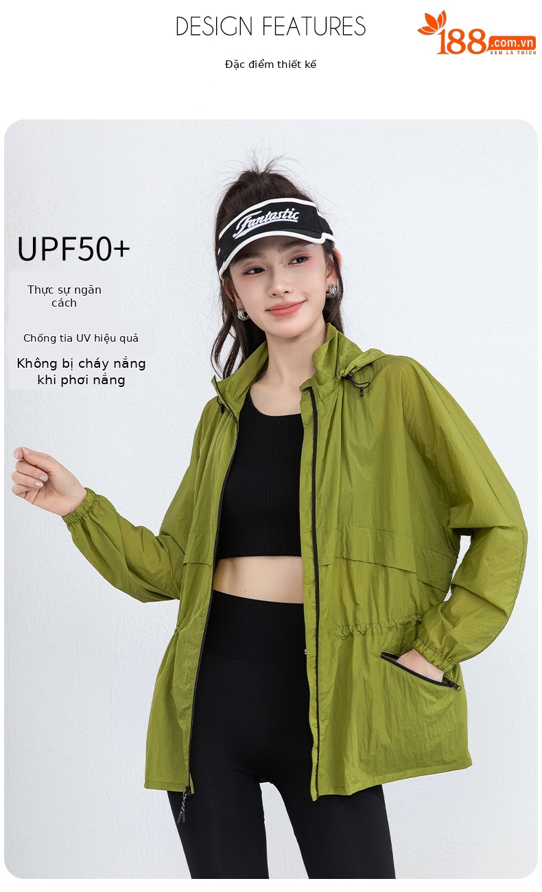Áo chống nắng nữ dáng dài có mũ, chất liệu nylon mỏng nhẹ thoáng khí — Màu xanh lá cây chi tiết 10