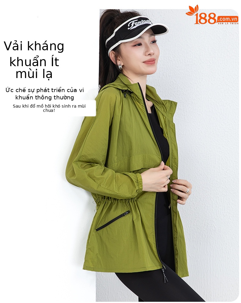 Áo chống nắng nữ dáng dài có mũ, chất liệu nylon mỏng nhẹ thoáng khí — Màu xanh lá cây chi tiết 11