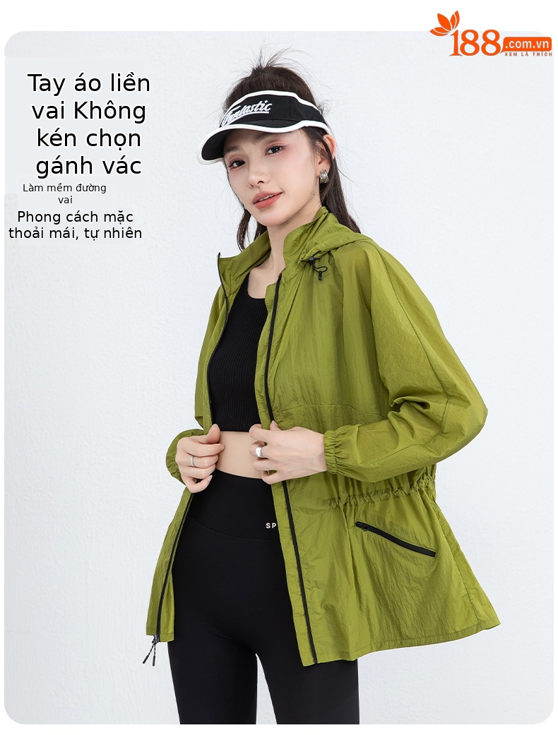 Áo chống nắng nữ dáng dài có mũ, chất liệu nylon mỏng nhẹ thoáng khí — Màu xanh lá cây chi tiết 12