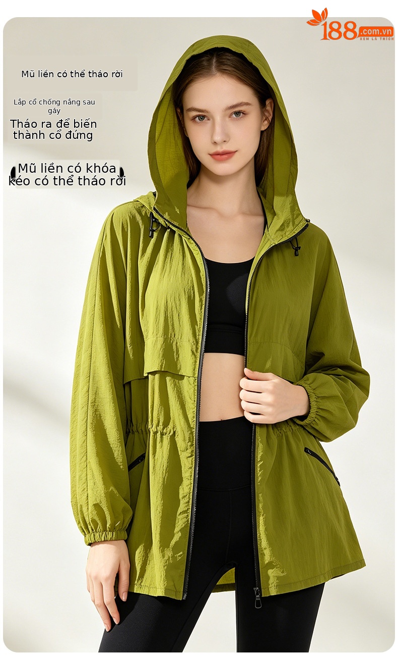Áo chống nắng nữ dáng dài có mũ, chất liệu nylon mỏng nhẹ thoáng khí — Màu xanh lá cây chi tiết 13