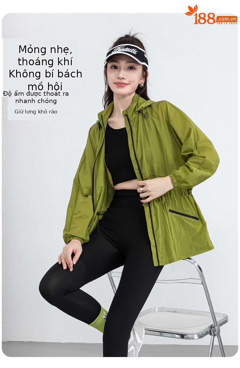 Áo chống nắng nữ dáng dài có mũ, chất liệu nylon mỏng nhẹ thoáng khí — Màu xanh lá cây chi tiết 14